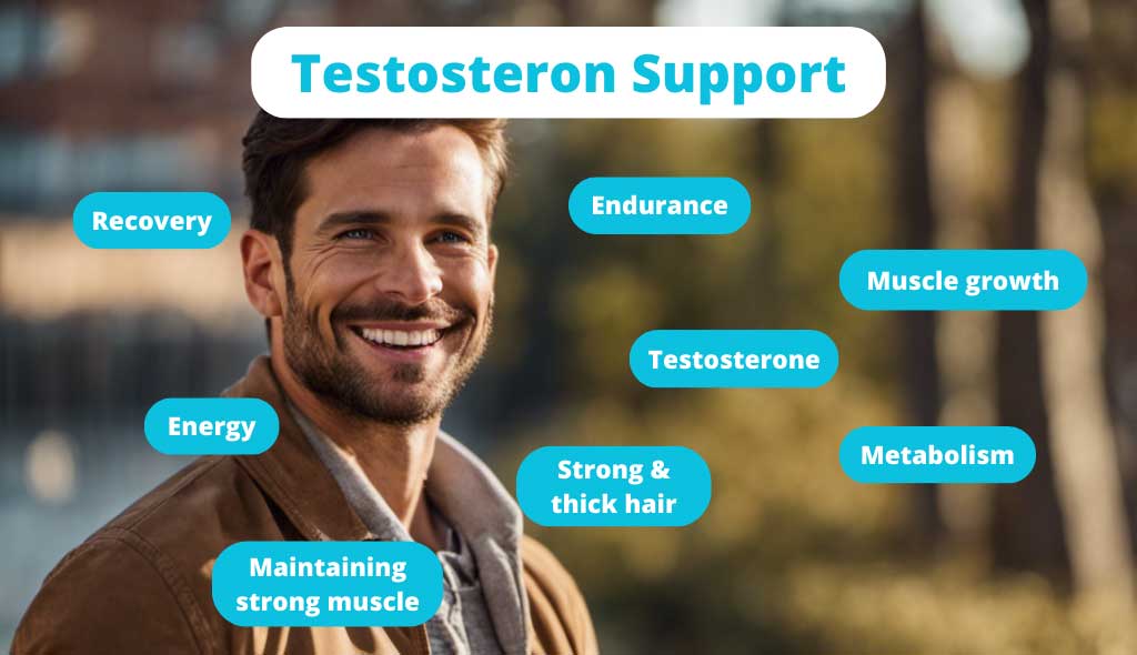 testosterone support supports muscle growth, recovery, metabolism, energy, stamina, testosterone, strong & thick hair through ingredients